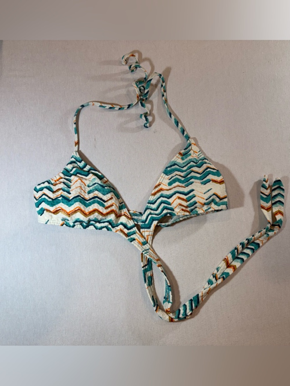 Roxy Bikini Top Womens Large Triangle Halter Swim Teal Orange Zig Zag Print